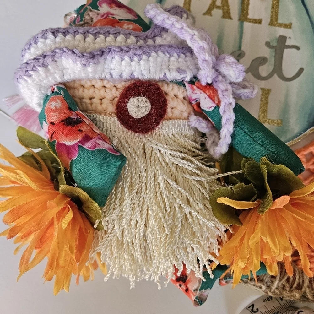 Handcrafted holiday wreath fall crochet pumpkin wall decor floral gnome collage
